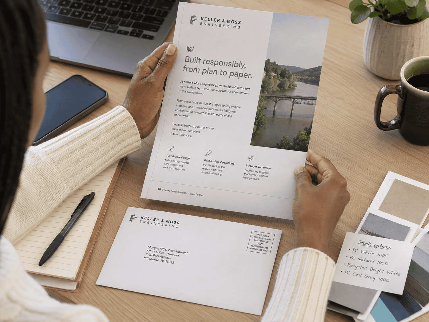 A person reviewing a Keller & Moss Engineering letter package at a desk with a laptop, paper swatches and stock notes nearby. The letter highlights responsible infrastructure work and includes a subtle footer note that it was printed on responsibly sourced paper.