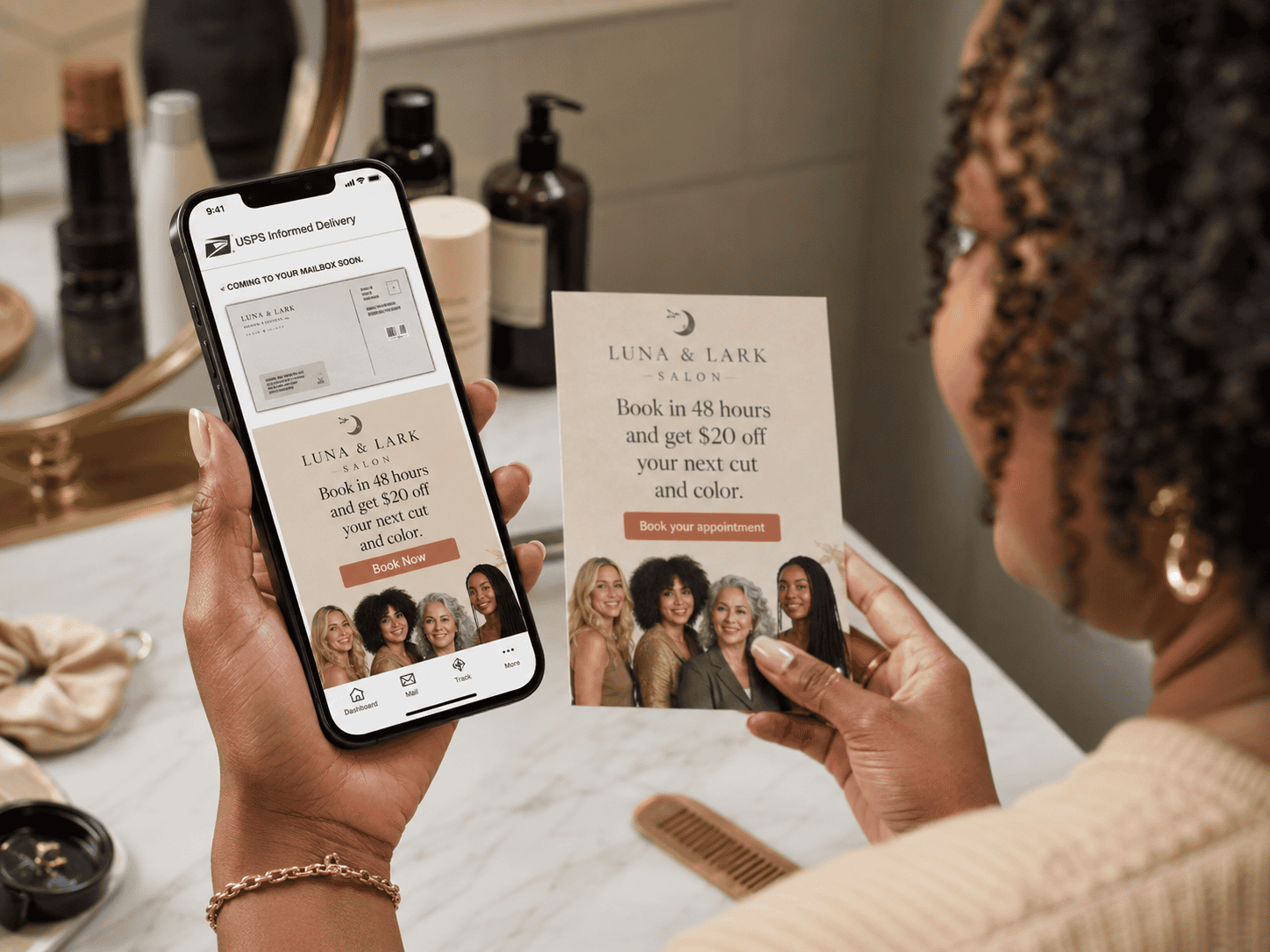 A person viewing a USPS Informed Delivery preview on a phone beside a Luna & Lark Salon postcard. The postcard and digital ad promote booking within 48 hours to receive $20 off a future cut and color appointment.