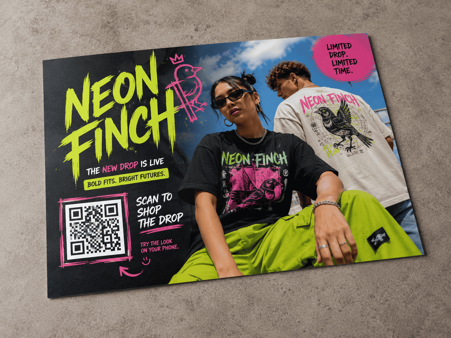 Photorealistic oversized postcard for Neon Finch, a funky apparel brand, featuring bold neon streetwear graphics, lifestyle fashion imagery and a QR code with the call to action “Scan to shop the drop.”