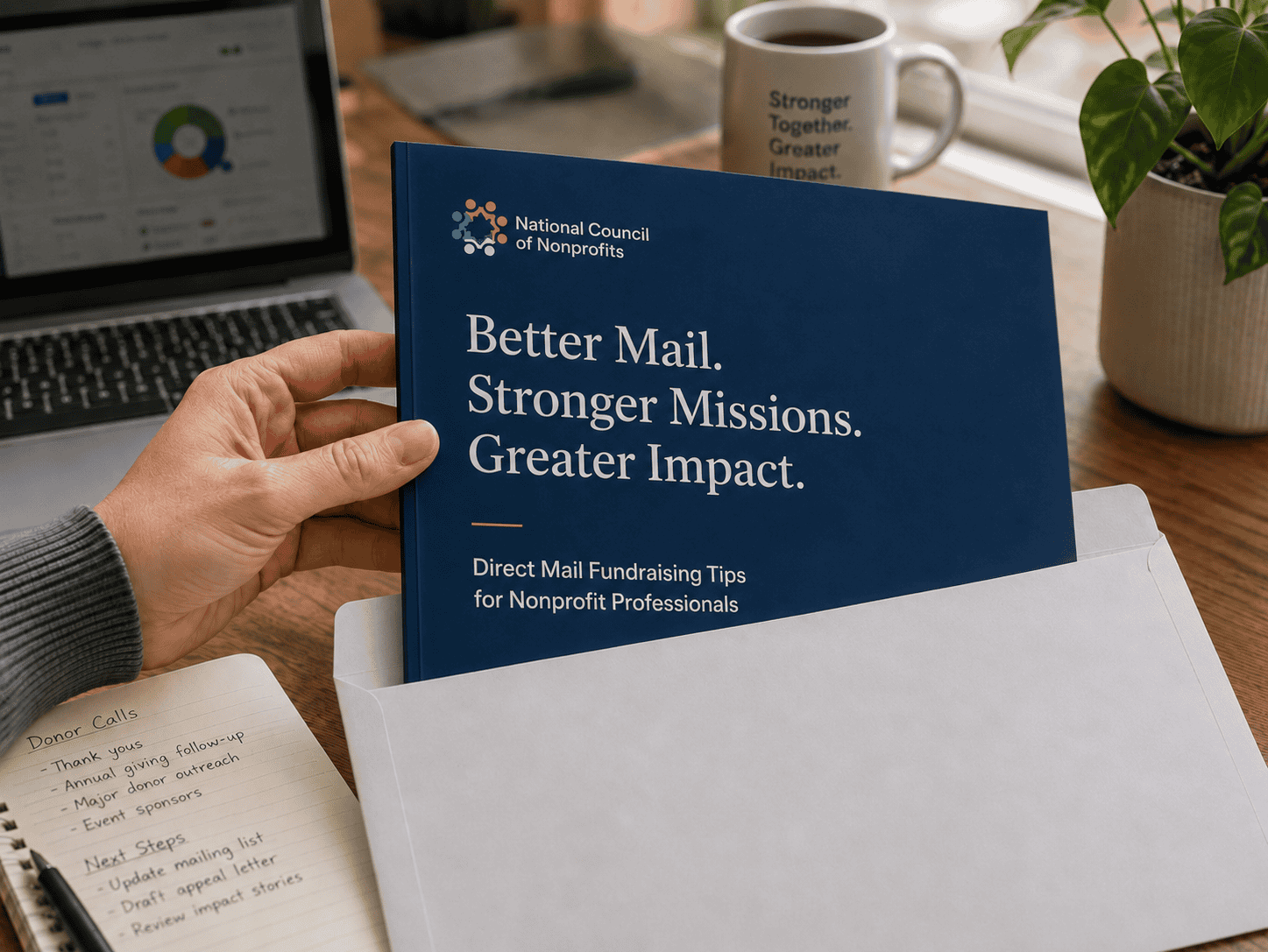 A nonprofit professional reviews a large flat mailer with direct mail fundraising tips, pulled from an oversized envelope on a desk with donor notes nearby.
