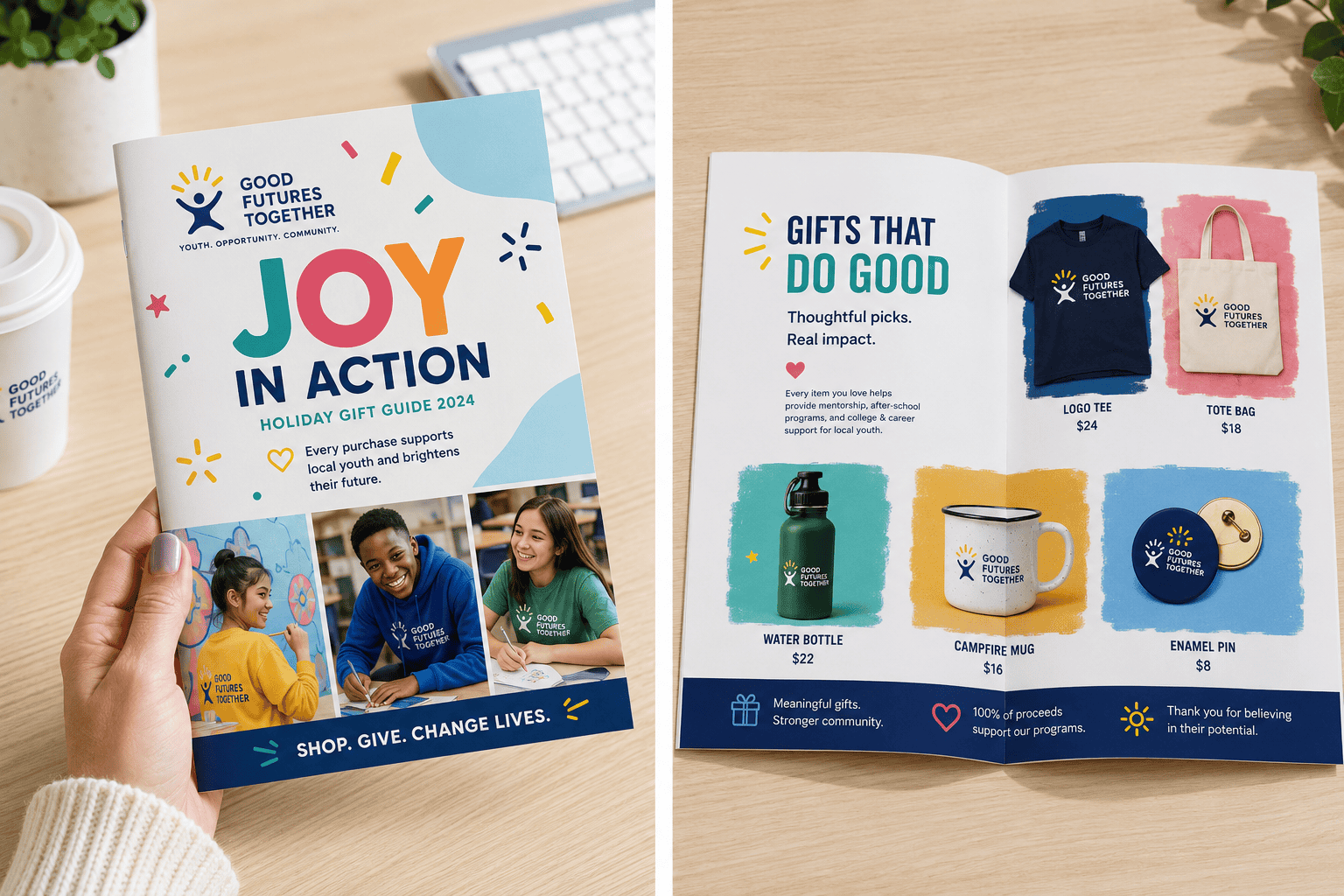 Saddle-stitched nonprofit holiday gift guide shown in hand and open on a tabletop, featuring colorful youth program merchandise including a T-shirt, tote bag, water bottle, mug and enamel pin.