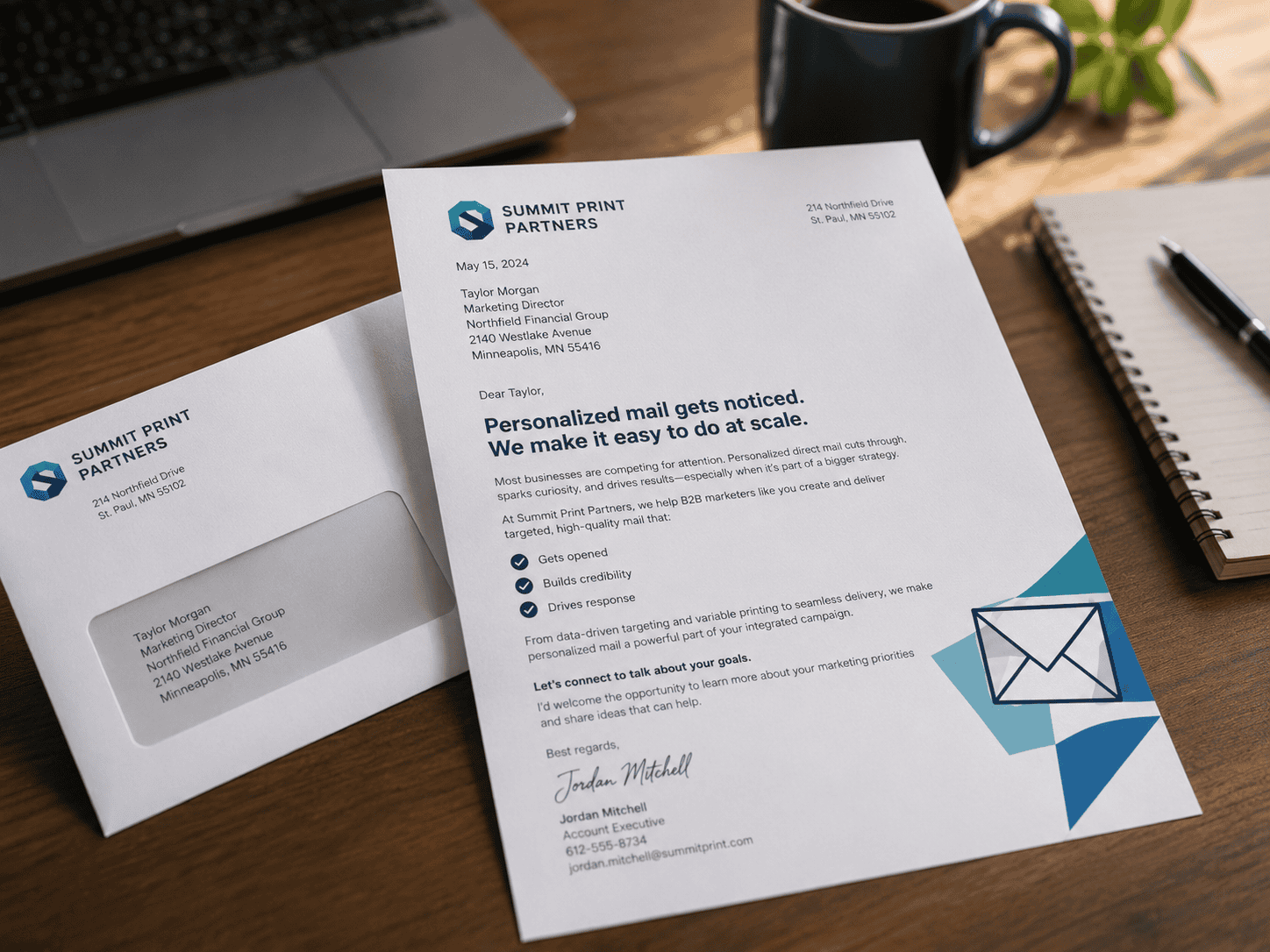 A personalized business-to-business direct mail letter from a commercial printer sits on an office desk beside a matching window envelope, laptop, notebook and coffee mug.