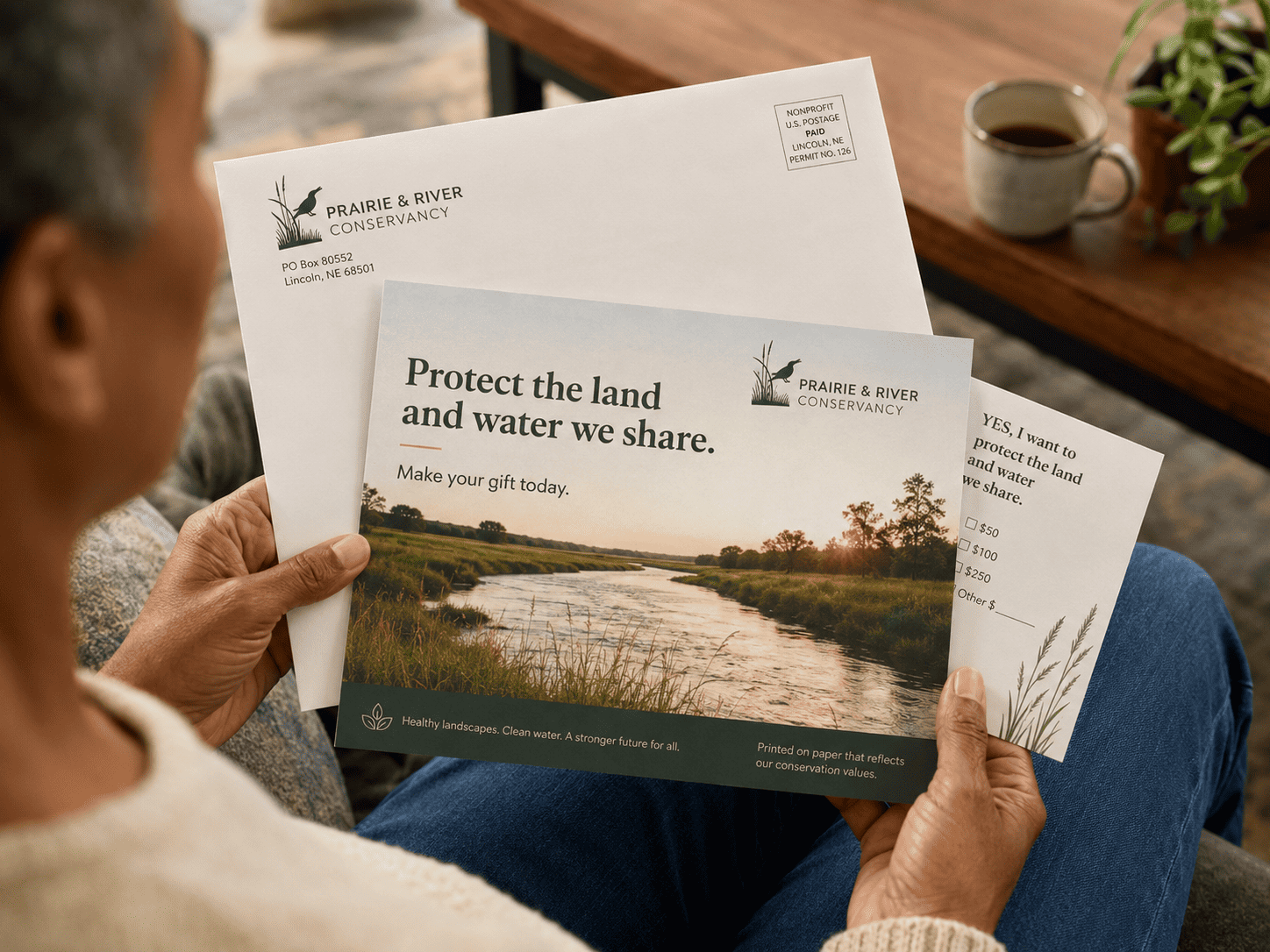 A person reviewing a Prairie & River Conservancy fundraising mail package with a large envelope, scenic appeal piece and donation reply card. The appeal asks donors to protect local land and water and includes a subtle note that the piece was printed on paper reflecting the organization’s conservation values.