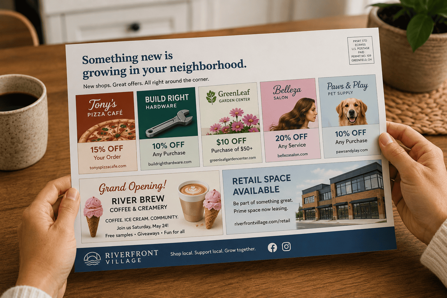 A person holding a Riverfront Village shared flat mailer at a kitchen table. The business-to-consumer Marriage Mail piece promotes multiple local advertisers in one lightweight mailpiece, including a pizza café, hardware store, garden center, salon, pet supply store, coffee and creamery grand opening and retail space leasing opportunity.