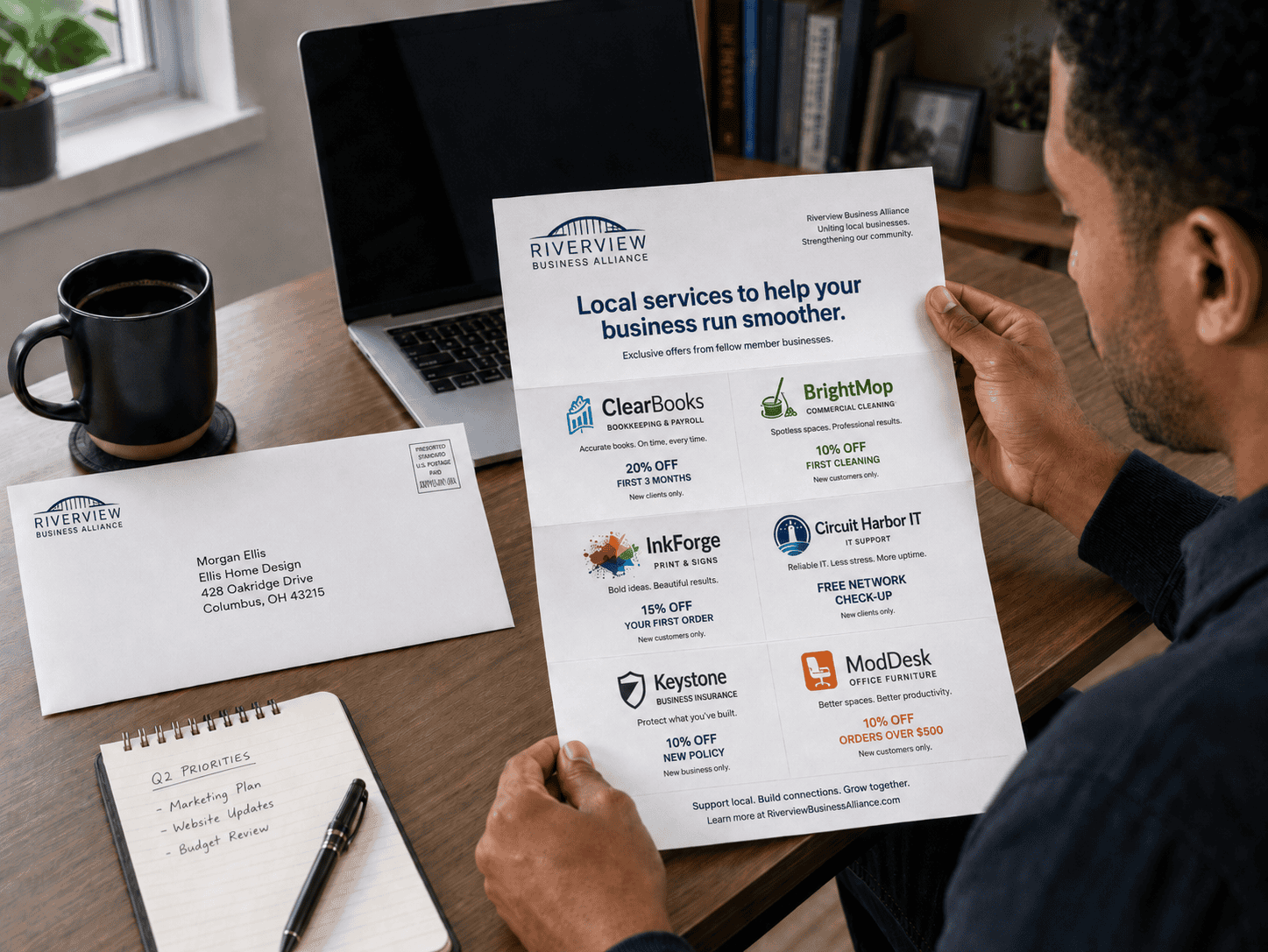A person reviewing a Riverview Business Alliance shared direct mail letter at a desk beside a matching envelope. The business-to-business Marriage Mail piece promotes local services from multiple advertisers, including bookkeeping, commercial cleaning, print and signage, IT support, business insurance and office furniture.