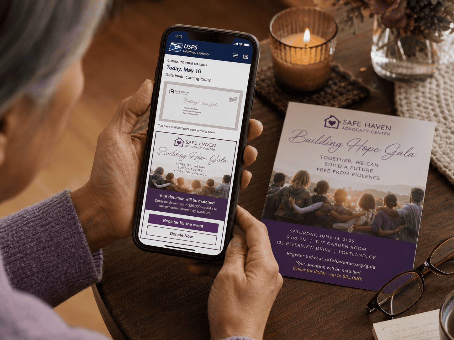 A person viewing a USPS Informed Delivery preview on a phone beside a Safe Haven Advocacy Center gala invitation. The digital preview and mailed invite promote event registration and note that donations will be matched.