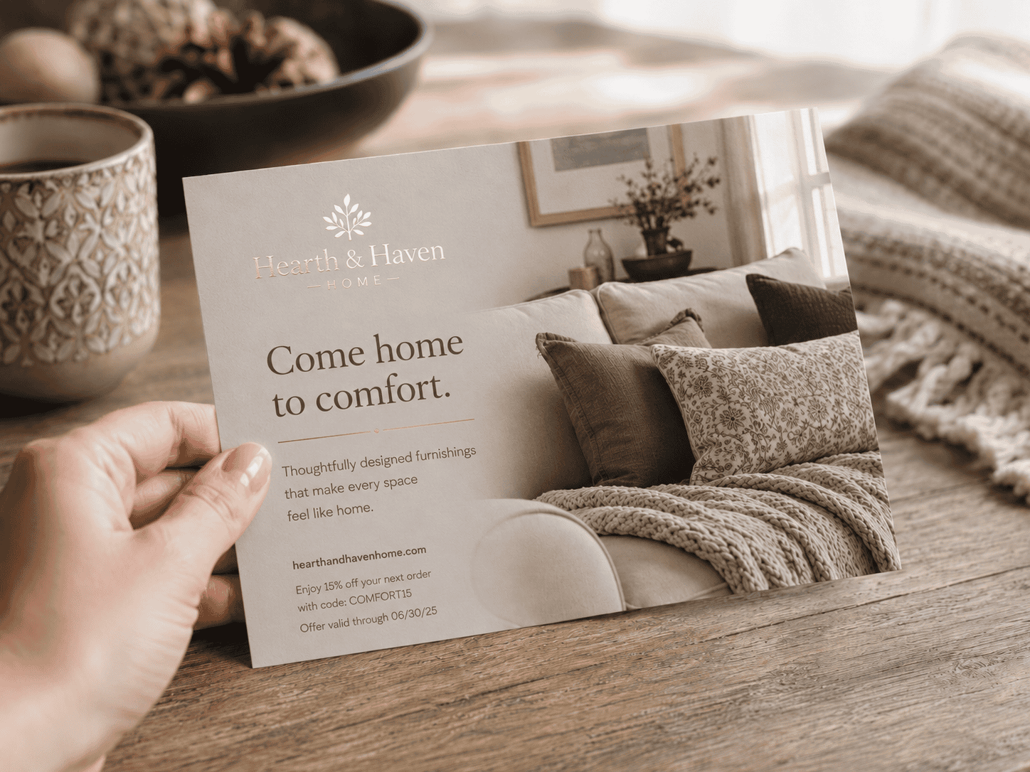 A home furnishings postcard from Hearth & Haven is held in a cozy living room setting, featuring soft neutral colors and noticeable foil accents that reinforce a warm, tactile brand feel.
