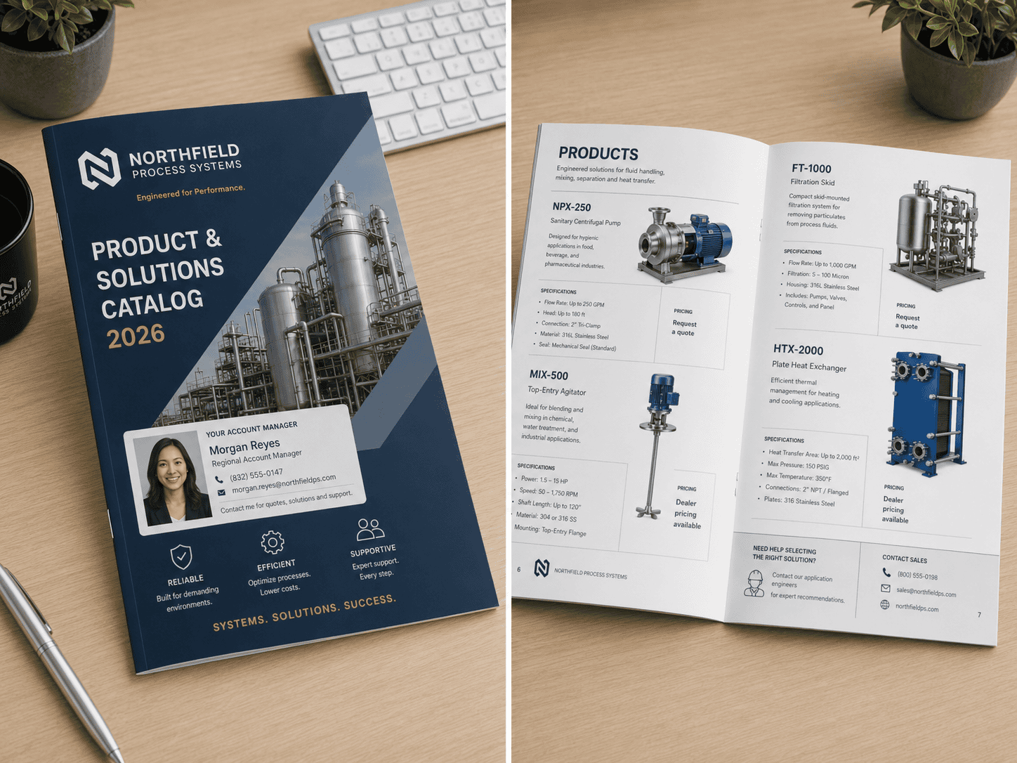 Split-screen mockup representing the USPS 2027 Catalog Incentive, with a saddle-stitched B2B product catalog cover on the left and an open product spread on the right. The cover demonstrates variable-data personalization with an account manager contact card, while the interior includes organized product listings, images, specifications, quote-based pricing and sales contact details.