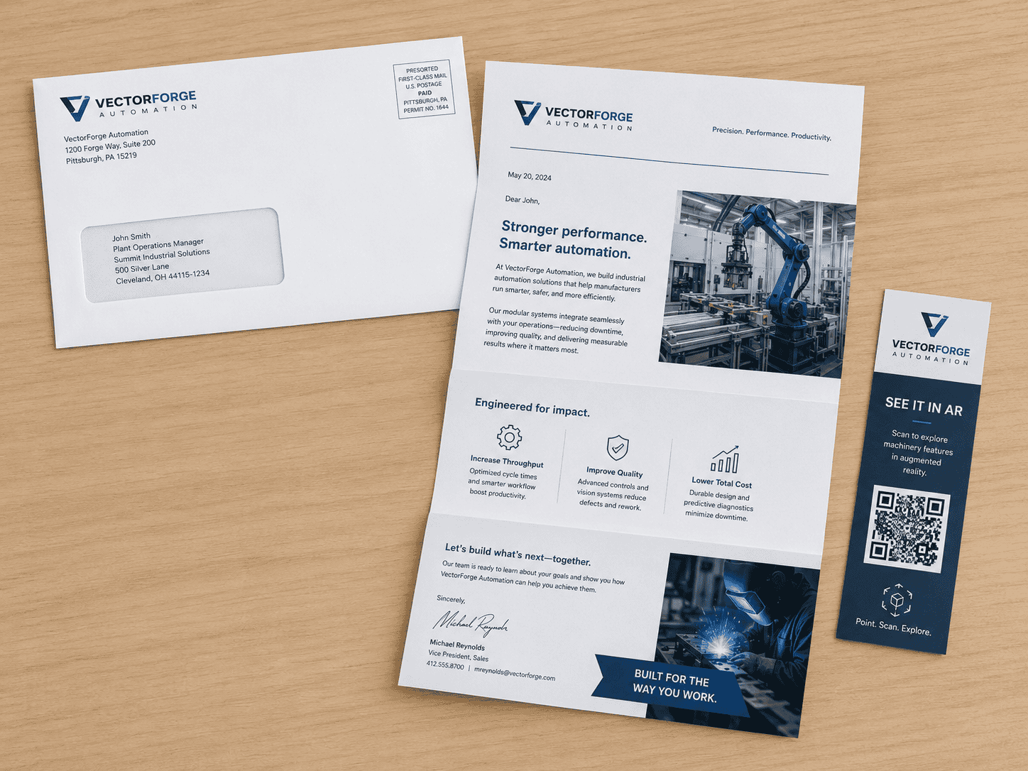 Photorealistic tabletop mockup of a VectorForge Automation business-to-business direct mail package with a #10 window envelope, folded 8.5 × 11 letter and narrow QR insert promoting augmented reality machinery features.