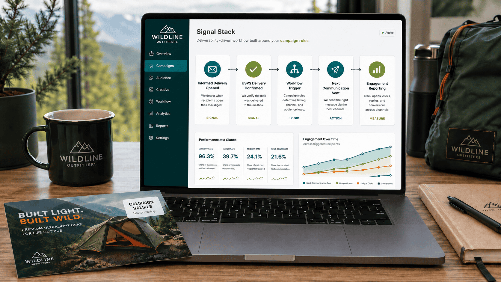Workspace scene showing a laptop with a direct mail signal stack dashboard for an outdoor gear campaign, alongside a printed postcard sample with an Avery-style “Campaign Sample” label, a mug, notebook and outdoor-inspired desk accessories.