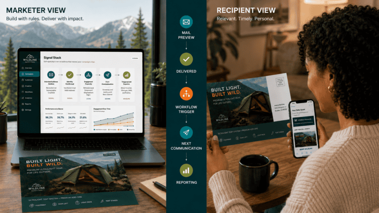 Split-screen concept image showing a marketer dashboard and a recipient experience for an outdoor gear direct mail campaign, connected by a signal flow for mail preview, delivery, workflow trigger, next communication and reporting.