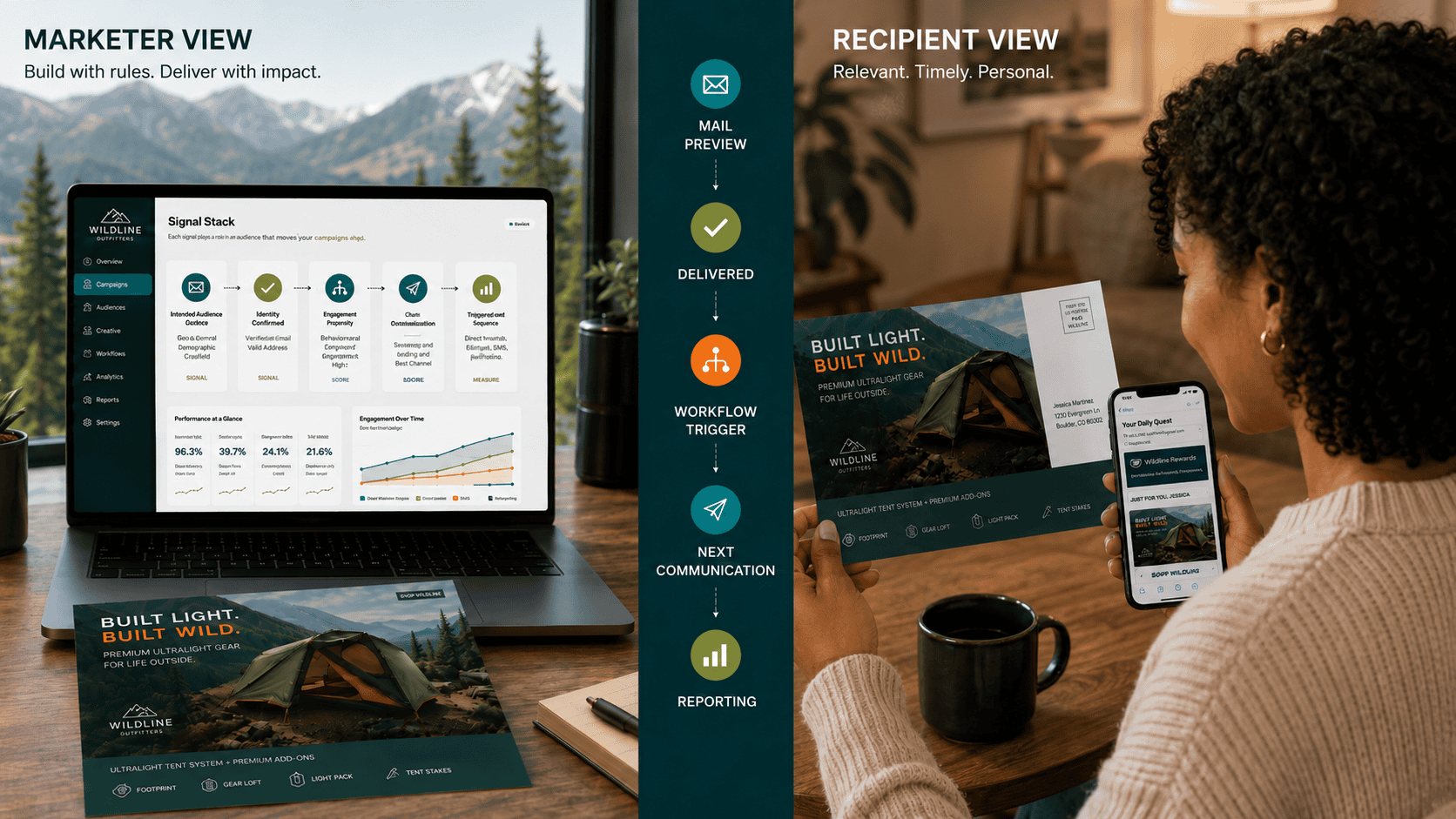 Split-screen concept image showing a marketer dashboard and a recipient experience for an outdoor gear direct mail campaign, connected by a signal flow for mail preview, delivery, workflow trigger, next communication and reporting.