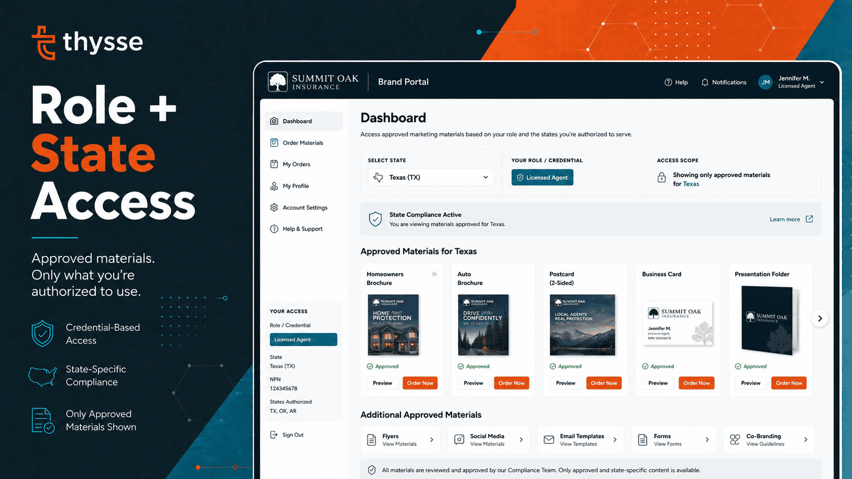 Insurance brand portal dashboard showing role- and state-based access controls, approved marketing materials and compliance status messaging.