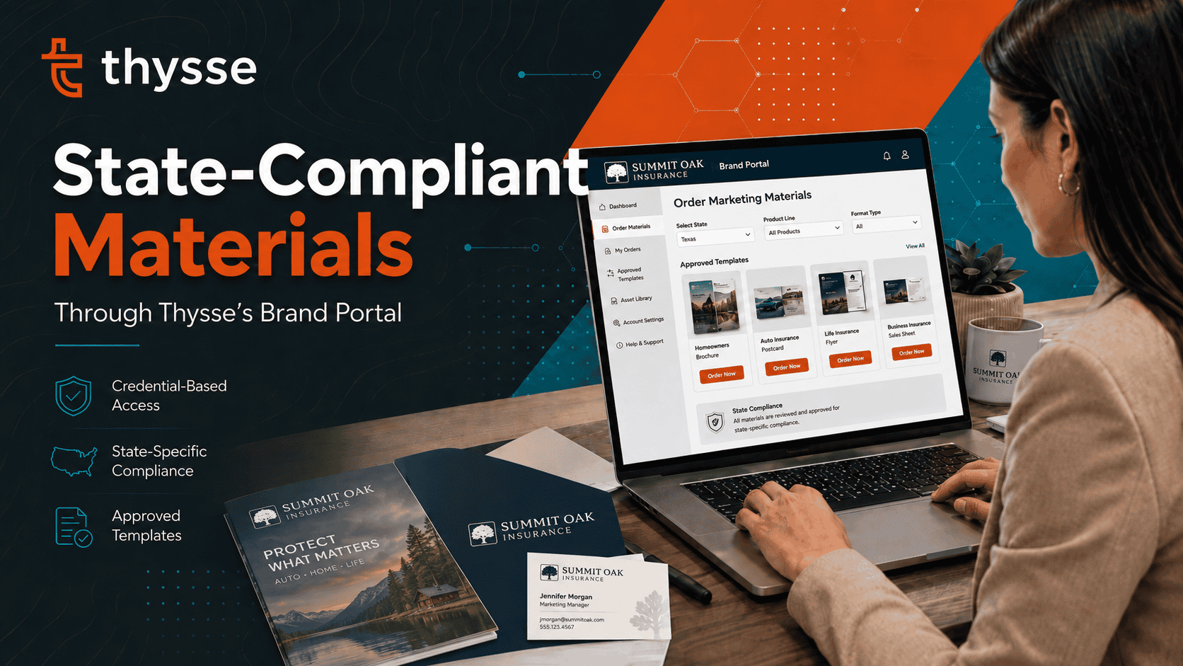 Person ordering state-compliant insurance marketing materials through a brand portal, with approved templates, credential-based access and state-specific compliance features.