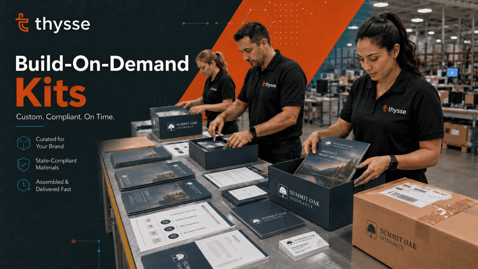 Thysse team assembling build-on-demand insurance marketing kits with branded print materials, fulfillment boxes and shipping cartons.