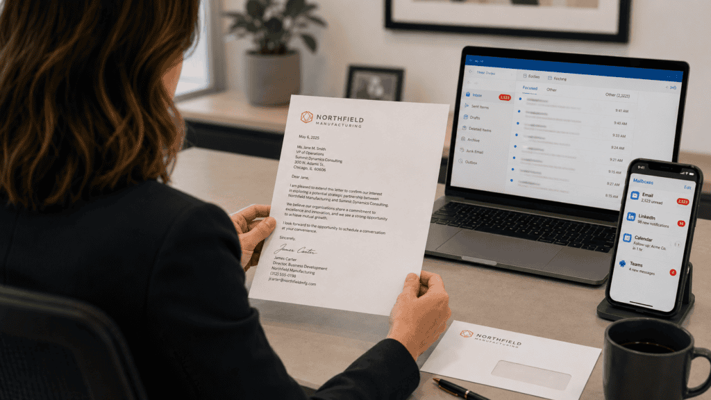 Professional reviewing a personalized business letter at her desk while a crowded email inbox and notifications appear on nearby devices