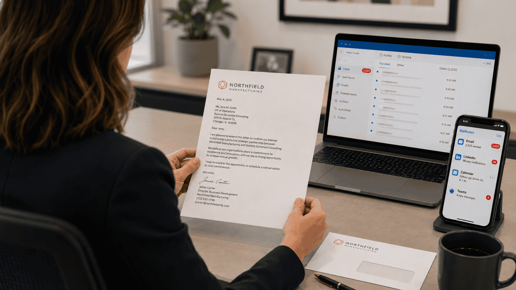 Professional reviewing a personalized business letter at her desk while a crowded email inbox and notifications appear on nearby devices