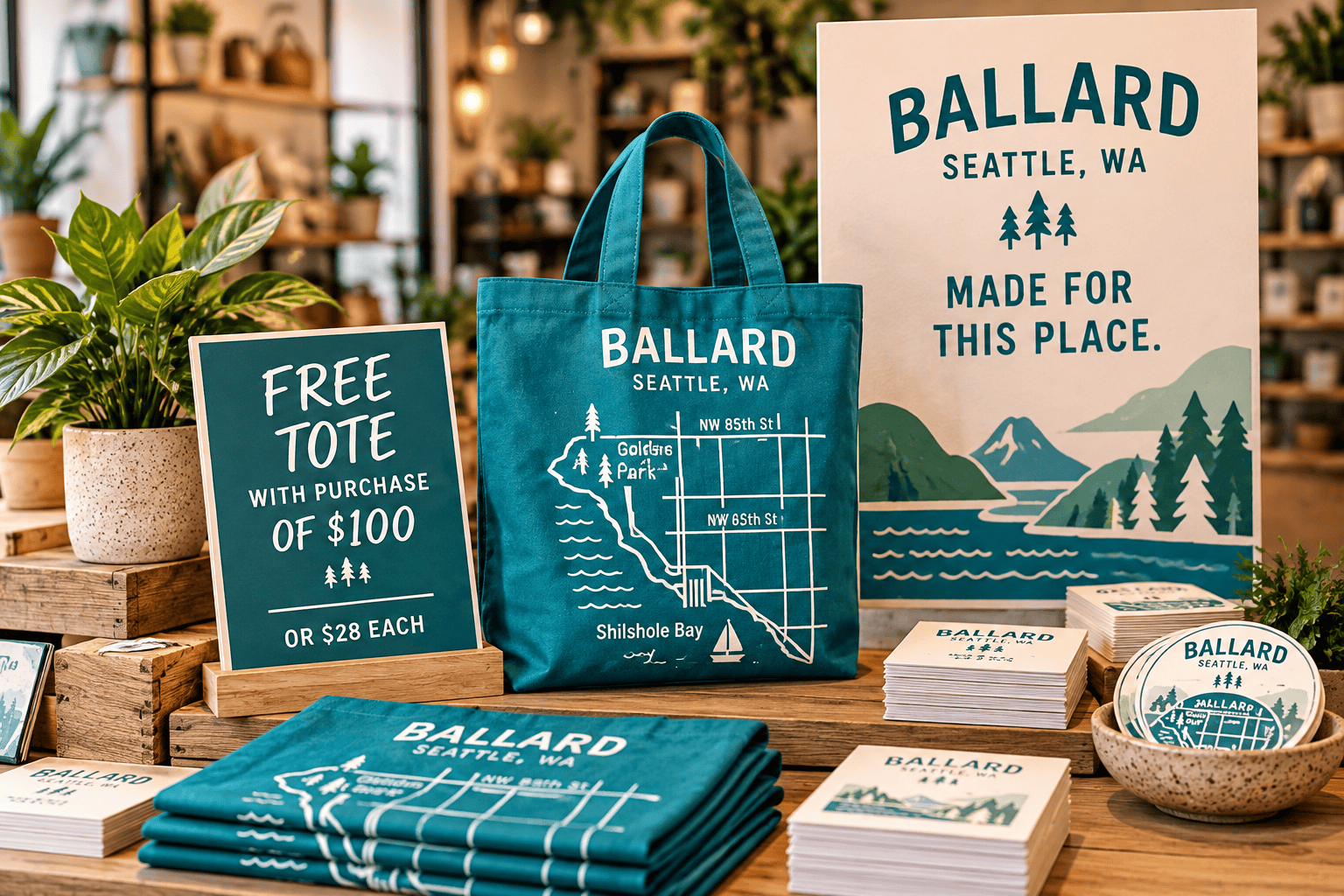 In-store Ballard tote display with printed campaign graphics and a free tote with $100 purchase promotion.