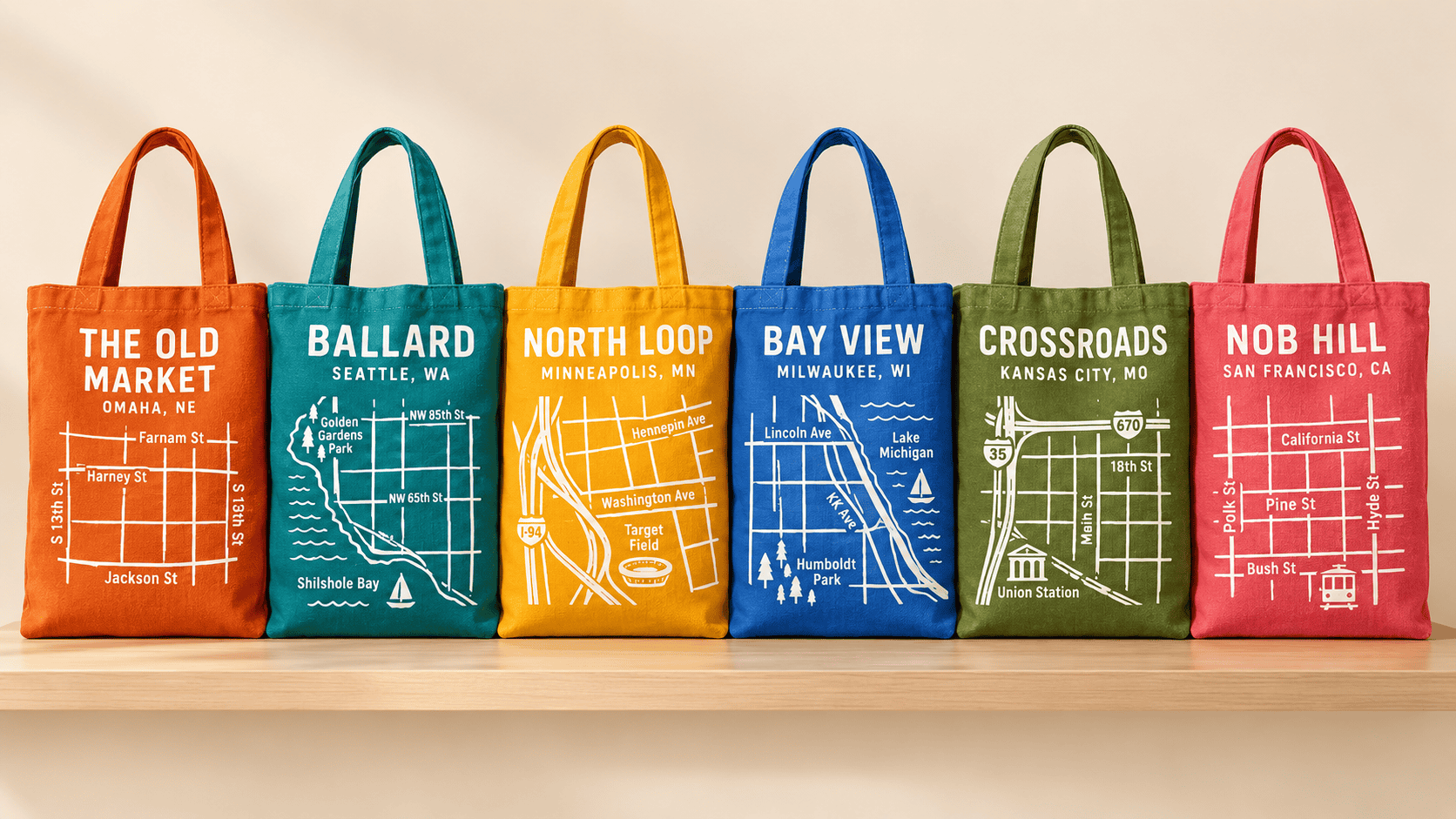 Collection of colorful canvas totes featuring location-specific neighborhood maps for a multi-location retail campaign.