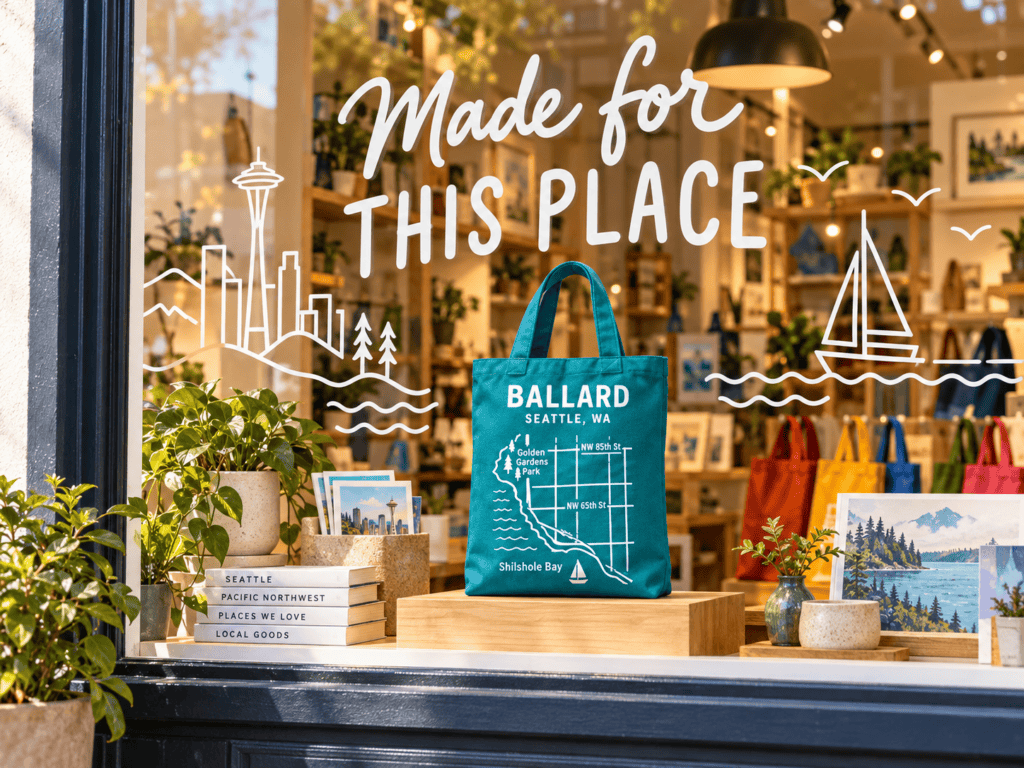 Ballard tote displayed in a boutique window with coordinating Made for This Place graphics inspired by the Seattle neighborhood.