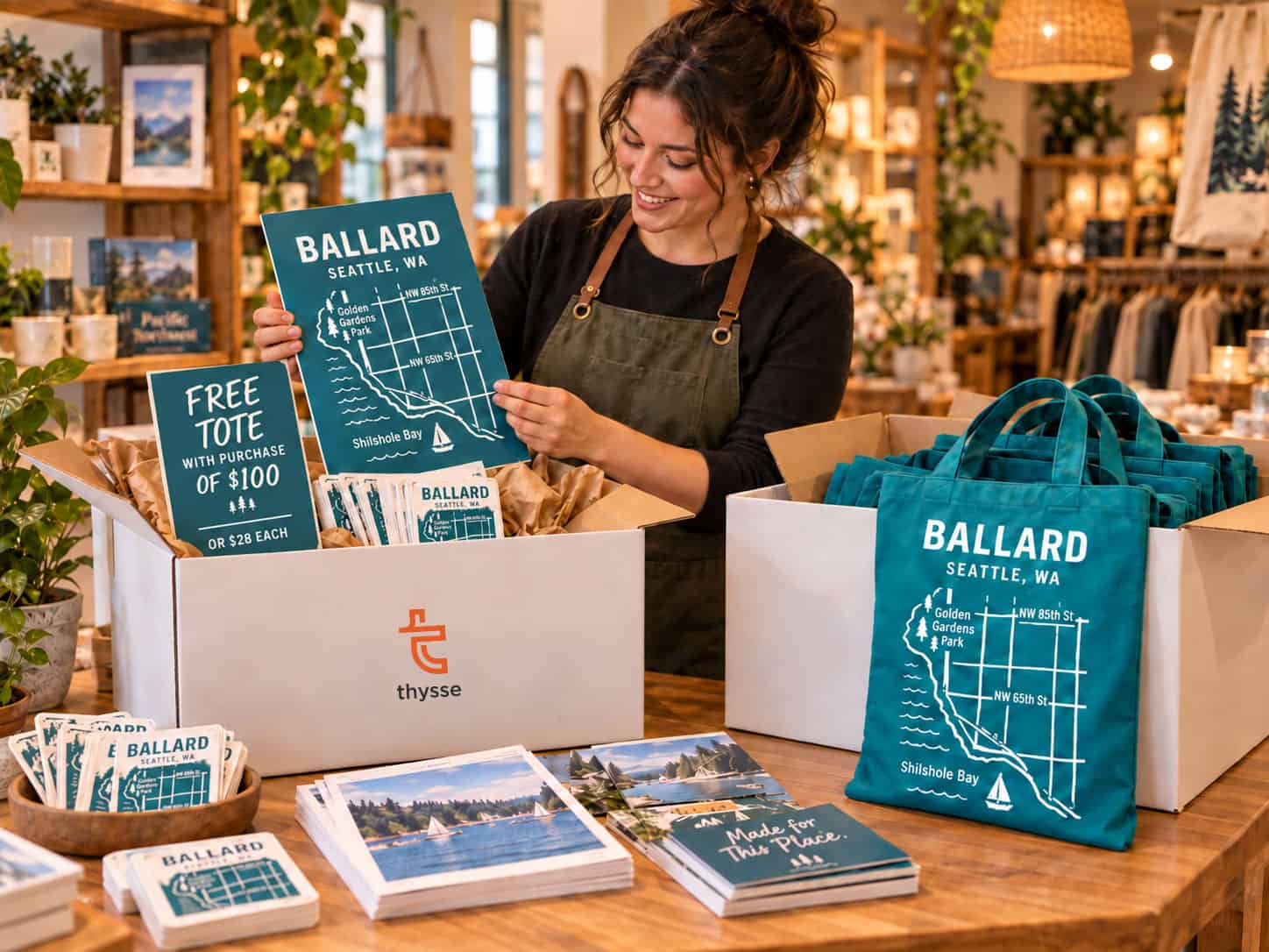 Store associate unpacking a Thysse retail kit with Ballard tote bags, printed campaign graphics and location-specific promotional materials.